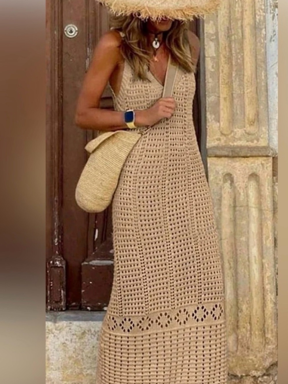 SHEIN Beige Crochet Knit Maxi Dress - Picture 3 of 6